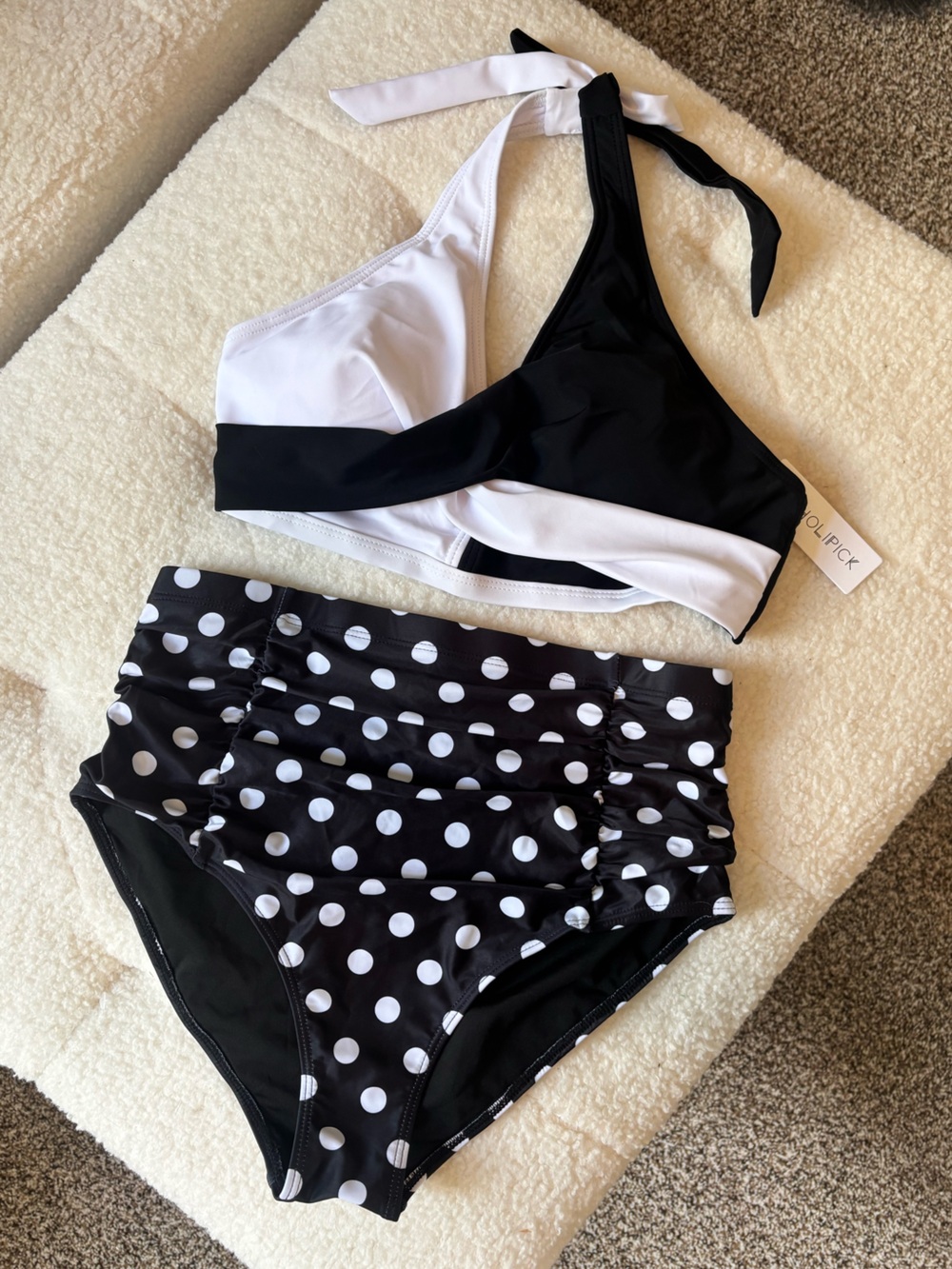 2/$12 NWT Holipick Black & White Bikini Top and Polka Dot High-Waist Swim Bottom